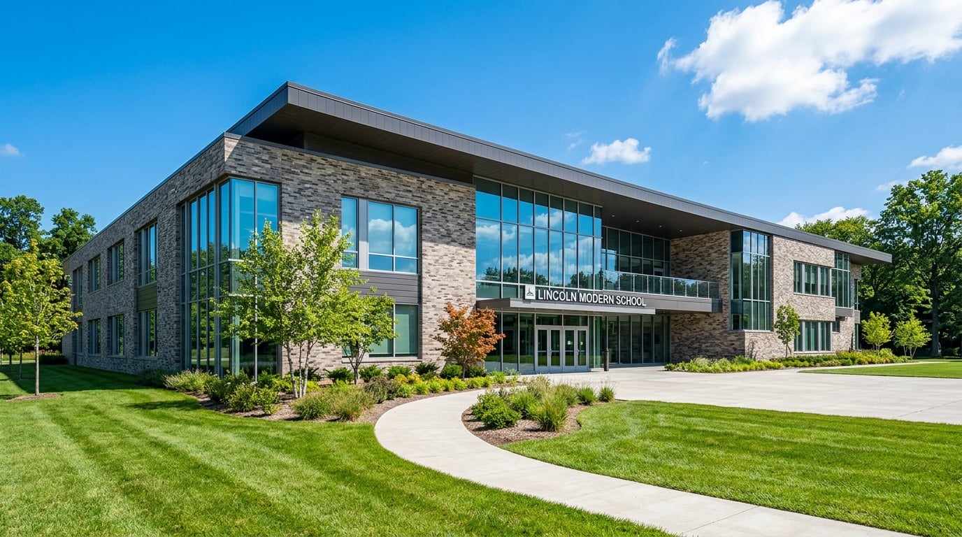 Modern school building exterior maintained by Raynham Group